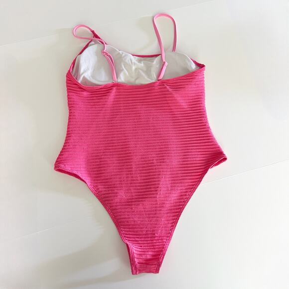 [Hot Pink] Ribbed Textured Asymmetrical Strap One Piece Cheeky Swimsuit Sz Large - Picture 4 of 11